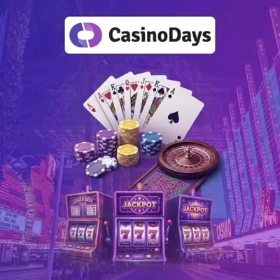 Casino Days logo over cards, chips, roulette and slot machines