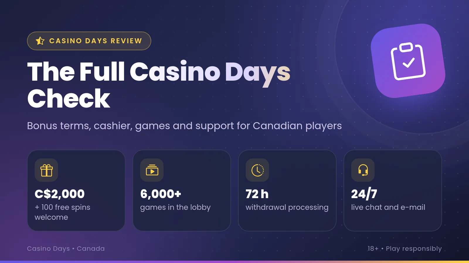 Casino Days lobby with slot tiles and the welcome offer on a purple background