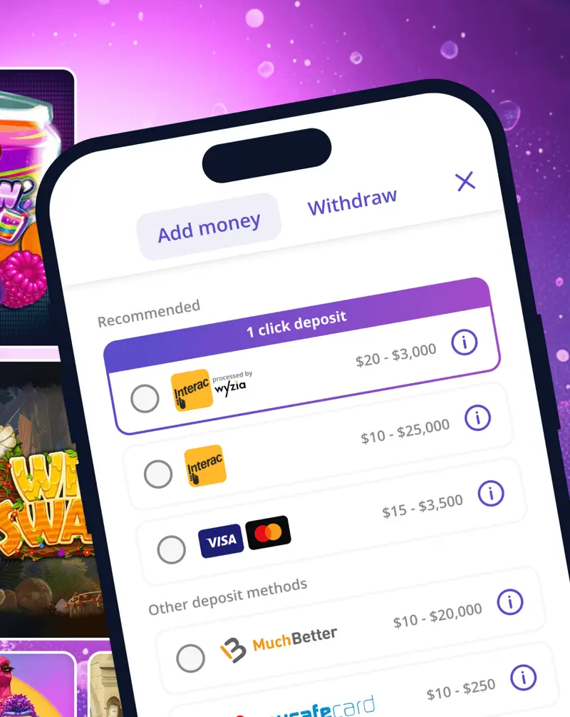 Casino Days cashier on mobile with Interac and card deposit options